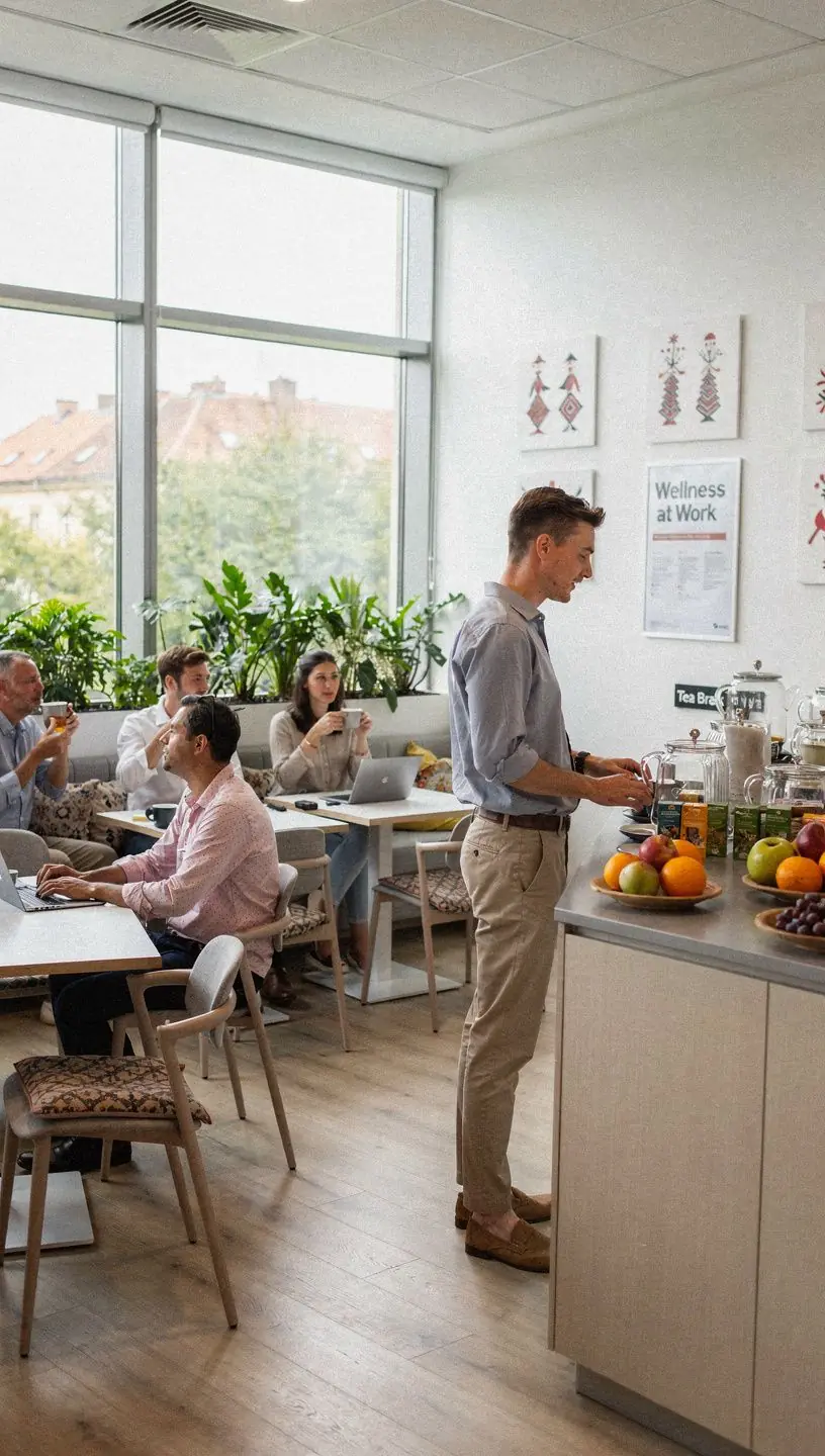 Egy csésze gőzölgő gyógynövény tea egy nyugodt, természetes környezetben, amely elősegíti a kényelmes napi ritmust.