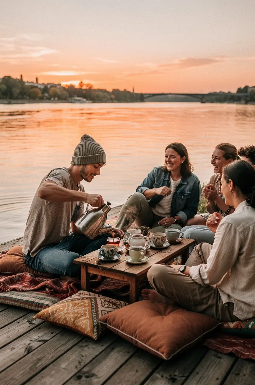 Egy személy kényelmes pozícióban, miközben pihen egy gyógynövény tea szünet alatt, hangsúlyozva a tudatos életmódot.